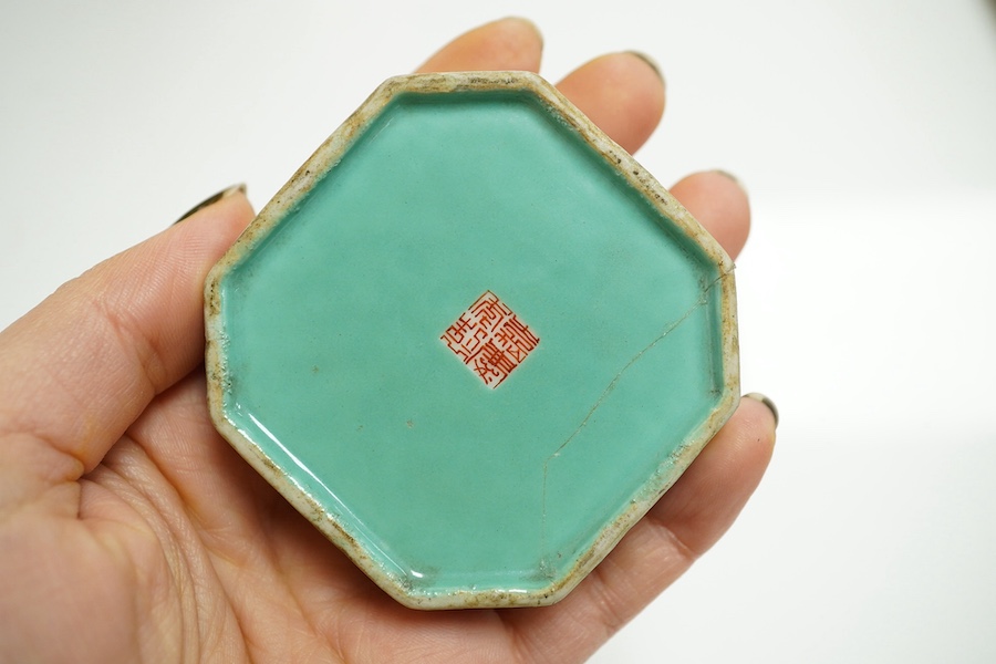 A Chinese famille rose seal paste box and cover, Jiaqing four character seal mark and of the period (1796-1820), 6cm wide. Condition - section of base broken and re-glued